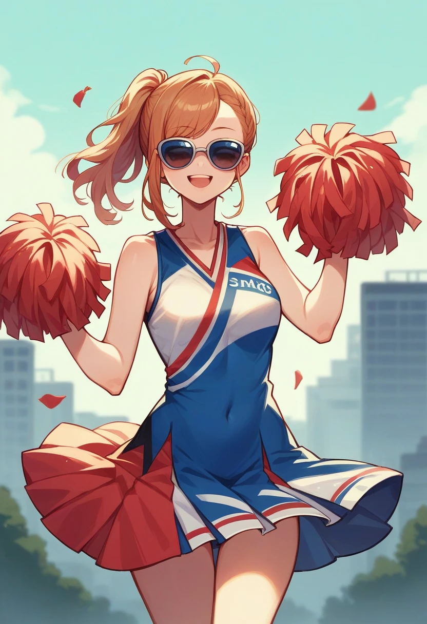 Portray a person with a cute hairstyle, sporting a sweet smile, while enjoying a candy apple, all depicted in the style of Japanese photography with hyper-realistic portraits. Dress the individual as a cheerleader and incorporate instruments typically used in an orchestra. Utilize a local cityscape as the background and experiment with shades and out-of-focus elements using an instant camera