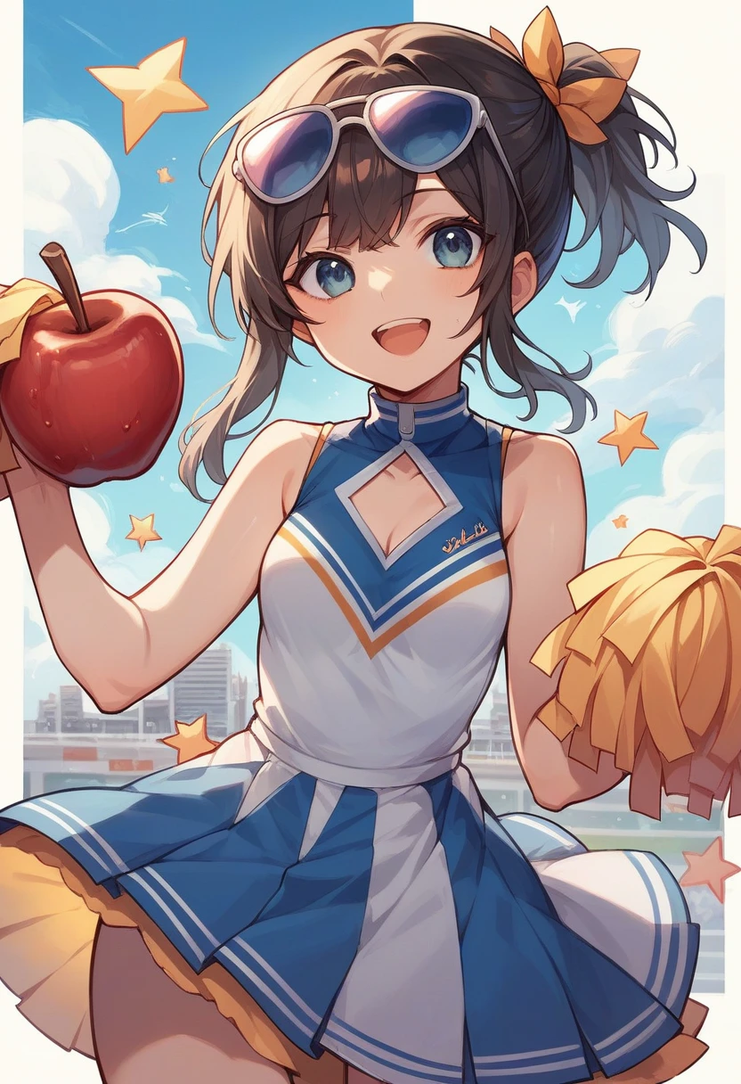 Portray a person with a cute hairstyle, sporting a sweet smile, while enjoying a candy apple, all depicted in the style of Japanese photography with hyper-realistic portraits. Dress the individual as a cheerleader and incorporate instruments typically used in an orchestra. Utilize a local cityscape as the background and experiment with shades and out-of-focus elements using an instant camera
