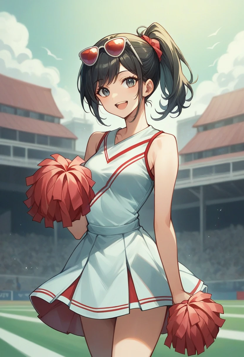 Portray a person with a cute hairstyle, sporting a sweet smile, while enjoying a candy apple, all depicted in the style of Japanese photography with hyper-realistic portraits. Dress the individual as a cheerleader and incorporate instruments typically used in an orchestra. Utilize a local cityscape as the background and experiment with shades and out-of-focus elements using an instant camera