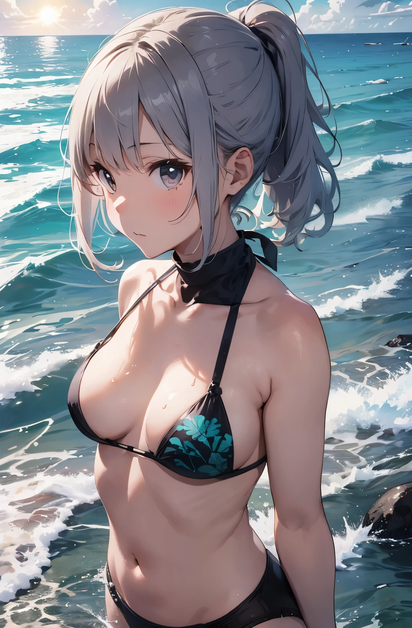 Silver-haired girl drawn in high resolution Japanese anime style、Standing alone on the white sand beach of a deserted island。She is topless、topless、Her hair is in a ponytail that sparkles in the light.....。The sea in the background shines emerald green.....、The beach is littered with shells and pebbles.、time々、Small waves gently wash up on the shore。Tropical wood々Swaying in the Wind、Mr.....々Among the branches々Birds are singing..。wood々Colorful flowers blooming in abundance、The entire island is filled with abundant nature.....。On the horizon of a distant sea、The setting sun casts a beautiful orange glow over the ocean.、It gives the whole place a mystical feel.....。、Wakame seaweed、Wakame seaweed、Wakame seaweed、Wakame seaweed、Wakame seaweed、Wakame seaweed、