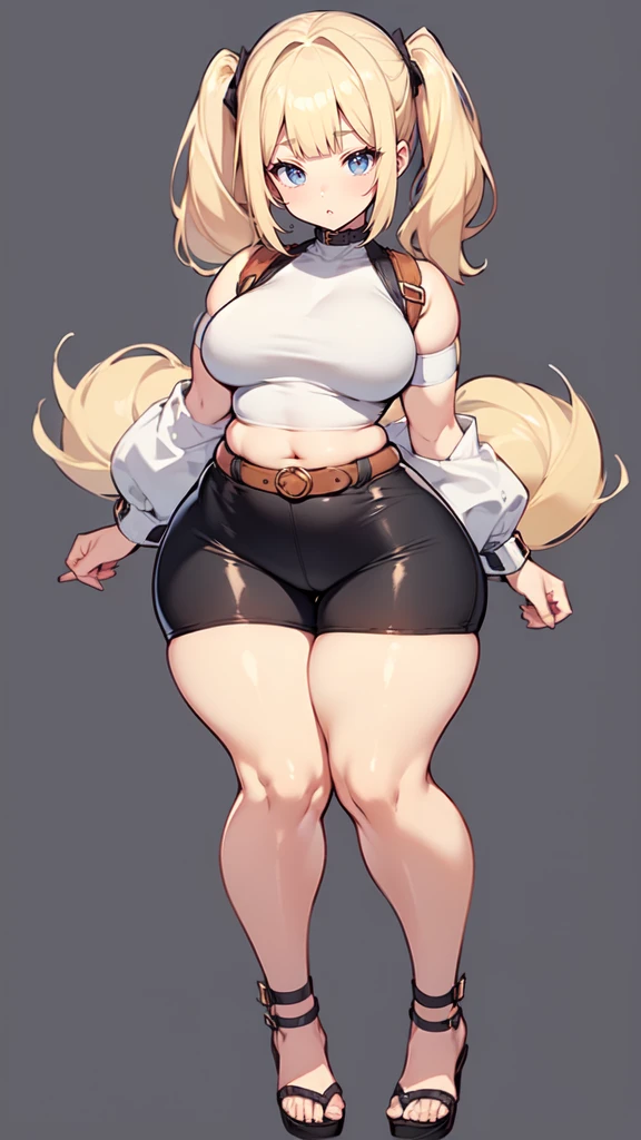 blank background, (((full body))), (masterpiece), ((best quality)), flat chest, blunt bangs, short twintail, (wide hips:1.6), (thick thighs:1.4), (very short skirt), sandals, belt below navel, fanny packs, blonde