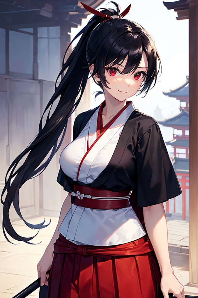 (masterpiece; best quality: 1.2), (finely detailed eyes: 1.3), ((25 year old woman)), ((solo)), (red eyes: 1.4), (body; lithe, toned, femenine: 1.3), (black hair in ponytail: 1.3), (beautiful and clear background: 1.2), ((depth of field)), (clothes: ronin attire + black-and-white hakama + red sash: 1.3), (anime illustration: 1.2), (background; old japanese castle exterior + night time: 1.1), (extremely fine and beautiful: 1.1), (shot composition; standing + centered on torso + close-up: 1.5), (expression; calm, smile: 1.2)