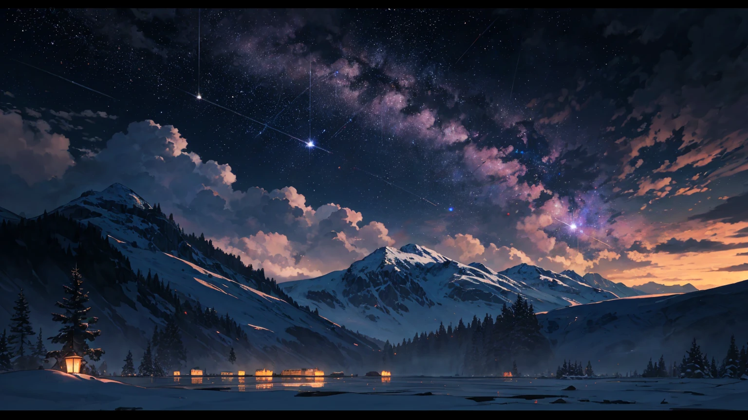 Wide-ranging landscape photos,(Full moon:1.2),(meteor:0.9),(nebula:1.3),Distant Mountains, Art made from broken trees,(Warm light source:1.2),(firefly:1.2),lamp,Lots of purple and orange,复杂的detail,Volumetric Lighting,RealismBREAK(masterpiece:1.2),(Best quality),4K,Extremely detailed,(Dynamic Combination:1.4),Very detailed,丰富多彩的detail,(Rainbow Colors:1.2),(Luminous lighting,Atmospheric lighting),dream magic,magic,(solo:1.2),((Best quality)), ((masterpiece)), (detail:1.4),Depth of Field Maximum Clarity and Sharpness,Perfect proportion,Fluttering clouds,wallpaper