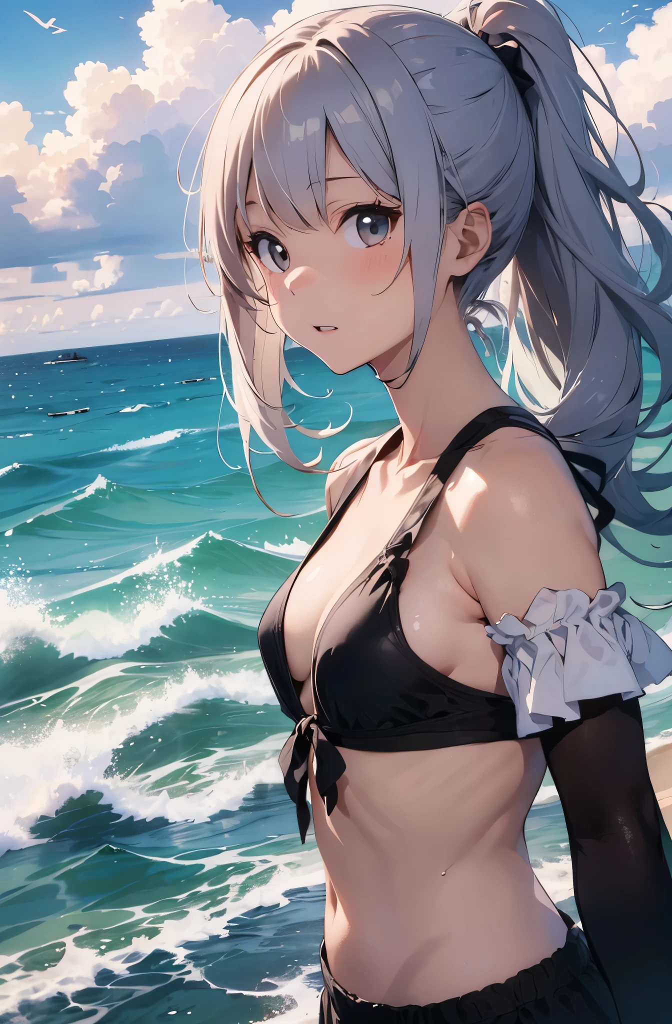 Silver-haired girl drawn in high resolution Japanese anime style、Standing alone on the white sand beach of a deserted island。She is topless、topless、Her hair is in a ponytail that sparkles in the light.....。The sea in the background shines emerald green.....、The beach is littered with shells and pebbles.、time々、Small waves gently wash up on the shore。Tropical wood々Swaying in the Wind、Mr.....々Among the branches々Birds are singing..。wood々Colorful flowers blooming in abundance、The entire island is filled with abundant nature.....。On the horizon of a distant sea、The setting sun casts a beautiful orange glow over the ocean.、It gives the whole place a mystical feel.....。、Wakame seaweed、Wakame seaweed、Wakame seaweed、Wakame seaweed、Wakame seaweed、Wakame seaweed、