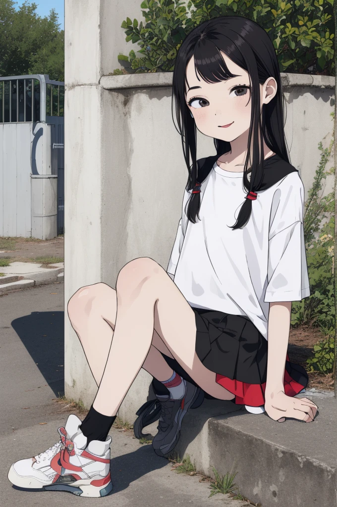 best quality, masterpiece, detailed,2d,flat color, 1girl,,petit,,outdoor,(short miniskirt),black hair,long hair,forehead,socks,,shoes