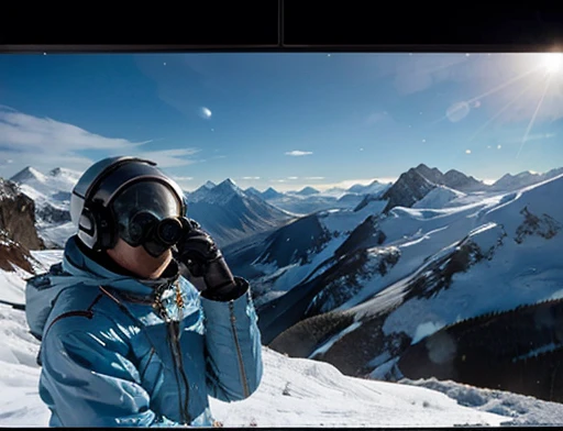 icy mountains snowy place, the astronaut uses binoculars to observe( front image) Holding a pair of binoculars.