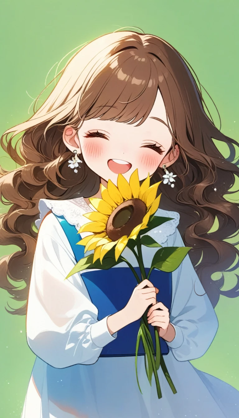 1girl, solo, blush, smile, open_mouth, simple_background, brown_hair, shirt, long_sleeves, dress, holding, jewelry, closed_eyes, white_shirt, upper_body, flower, earrings, teeth, puffy_sleeves, bag, leaf, facing_viewer, puffy_long_sleeves, green_background, curly_hair, yellow_flower, sunflower, holding_flower, flower_earrings