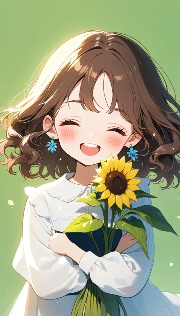 1girl, solo, blush, smile, open_mouth, simple_background, brown_hair, shirt, long_sleeves, dress, holding, jewelry, closed_eyes, white_shirt, upper_body, flower, earrings, teeth, puffy_sleeves, bag, leaf, facing_viewer, puffy_long_sleeves, green_background, curly_hair, yellow_flower, sunflower, holding_flower, flower_earrings