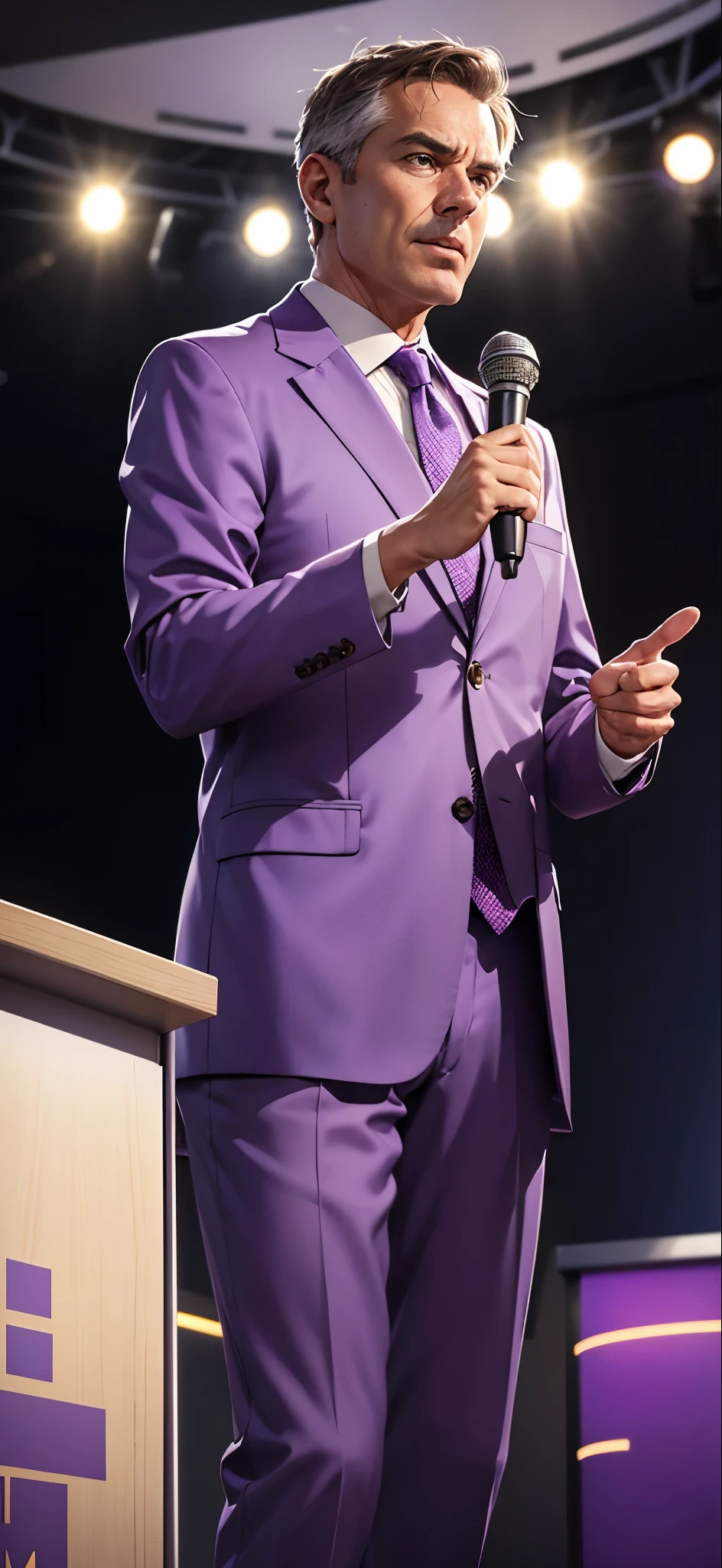 Create an image of a middle-aged man wearing a light purple suit, standing confidently at a podium and speaking into a microphone as if engaging in a debate or delivering a persuasive speech. Capture the intensity and passion of a debater type, with the podium and microphone emphasizing the public speaking aspect.