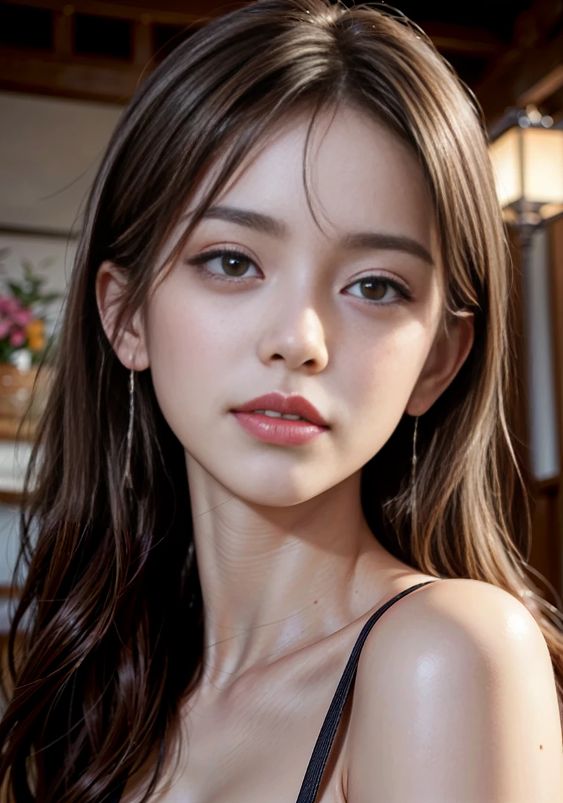 absurdres, RAW photo, extremely delicate and beautiful, masterpiece, Best Quality, ultra high resolution, 32k, hyperrealistic, ultra-detailed, perfect anatomy, super Detailed skin, perfect figure, Super Beauty, Perfect Style, Perfect balance, Beautiful Lighting, Perfect Lightning, Realistic Shadows, 20 years old, very Slim body, narrow waist, very small head, very small face, delicate facial features, handsome detailed woman, very detailed eyes and face, realistic face proportions, Realistic beautiful face, Realistic beautiful eyes, tearful mole, earring, very huge round breasts, medium hair, asymmetrical hair, (full body), (school_uniform), collared shirt, sleeveless, bare legs,