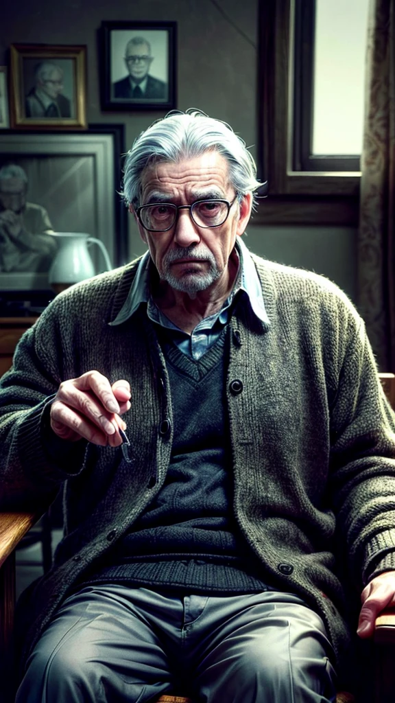 a wise old man with glasses, detailed portrait, elderly man, thoughtful expression, serious look, wrinkled face, gray hair, wrinkles, glasses, sitting indoors, warm lighting, photorealistic, highly detailed, 8k, cinematic, dramatic lighting, dramatic contrast, chiaroscuro, moody atmosphere, muted color palette, realistic skin textures, realistic fabric textures