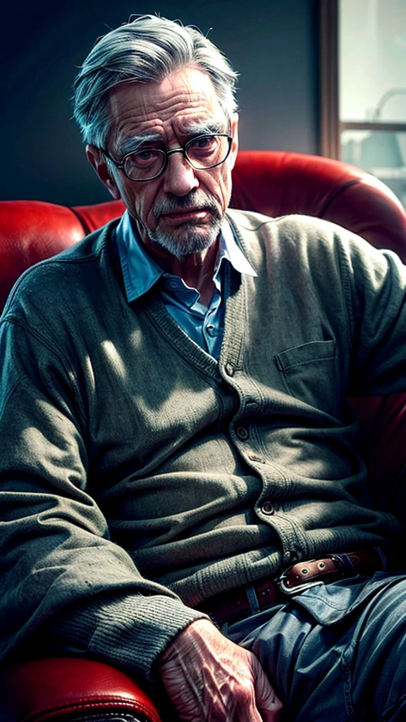 a wise old man with glasses, detailed portrait, elderly man, thoughtful expression, serious look, wrinkled face, gray hair, wrinkles, glasses, sitting indoors, warm lighting, photorealistic, highly detailed, 8k, cinematic, dramatic lighting, dramatic contrast, chiaroscuro, moody atmosphere, muted color palette, realistic skin textures, realistic fabric textures