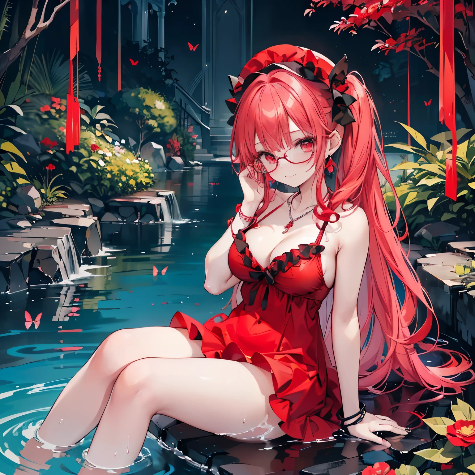 high angle,from above,,(wearing elegant red frame glasses),
(beautiful pink and green butterfland dragonflies all over the place),colorful flowers,fantasy beams and lights,
((masterpiece:1.4, best quality)), ((masterpiece, best quality)),((beautiful pony tail red hair,beautiful red eyes,little cute girl)),wet full body, bathing in the water,water falls,water splash,lovely laugh,((sexy red lol gothic mess)),elegant red and white hat, ((black and red elegant string tied summer bikini)), (Lace chalker, wristband, diamond necklace,earrings),cinematic lighting and pause,beautiful natural mysterious park,night sky,full moon,(beautiful pink and red butterflies and dragoes all over the place),
