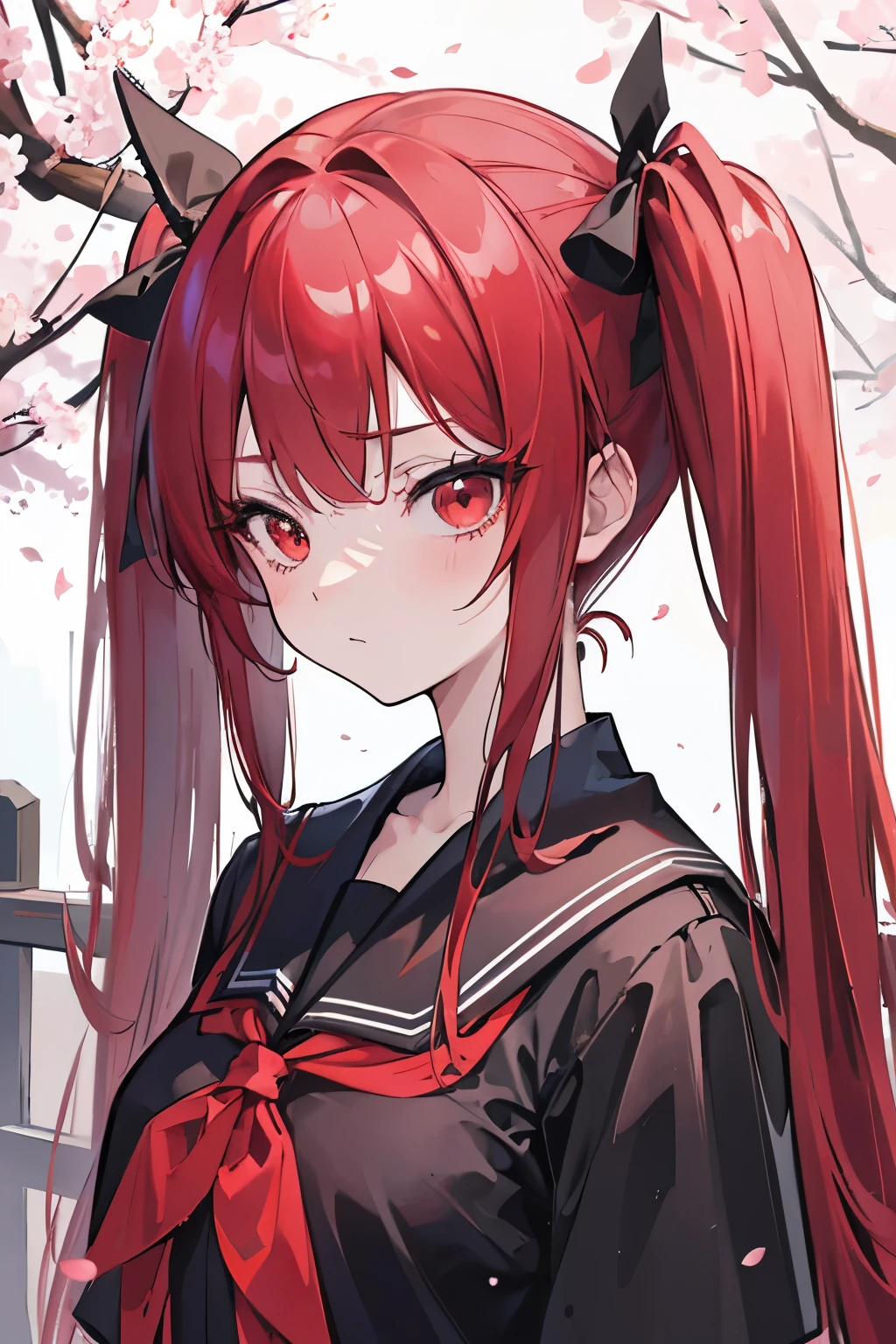 ((best quality)), ((masterpiece)), (detailed), 1girl, black_school_uniform, very_long_red_pigtails, messy_hair, red_eyes, sharp eyes, sharp eyelashes, Japanese_school_building_entrance_gate_background, cherry_blossoms, narrowed_eyes, deadpan_expression, red_hair