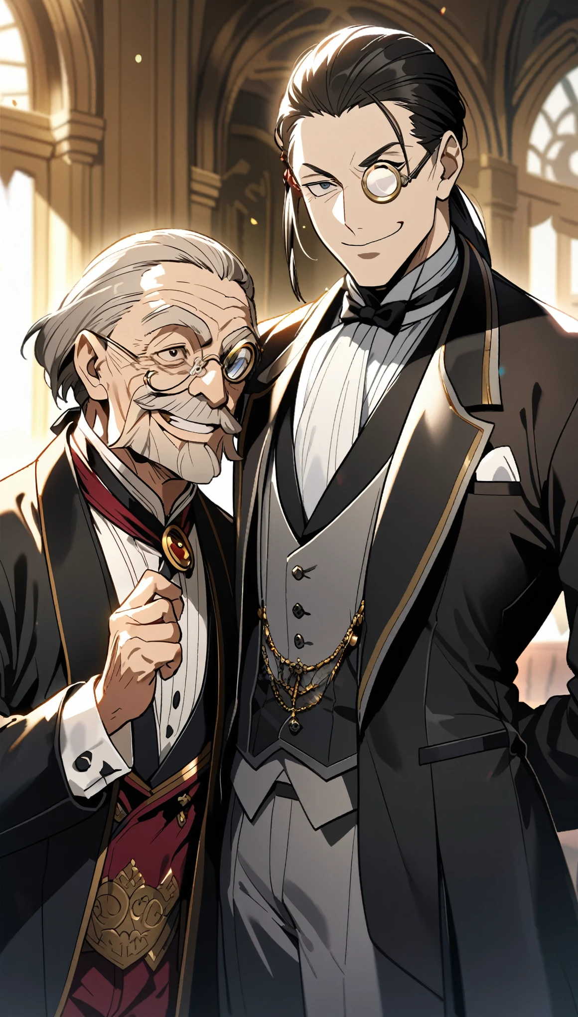 ((A butler with a kind face and a monocle:1.2, Old Man)), Detailed face and clothing, Deacon's uniform, Elegant and sophisticated, Detailed facial features, Beautiful Eyes, Intense gaze, Serious expression, Dramatic lighting, Cinematic composition, Bright colors, Chiaroscuro, (Highest quality:1.2, 4K, 8K, Very detailed, up to date, Vibrant, High detail, masterpiece:1.2, Highest quality, Best aesthetics),