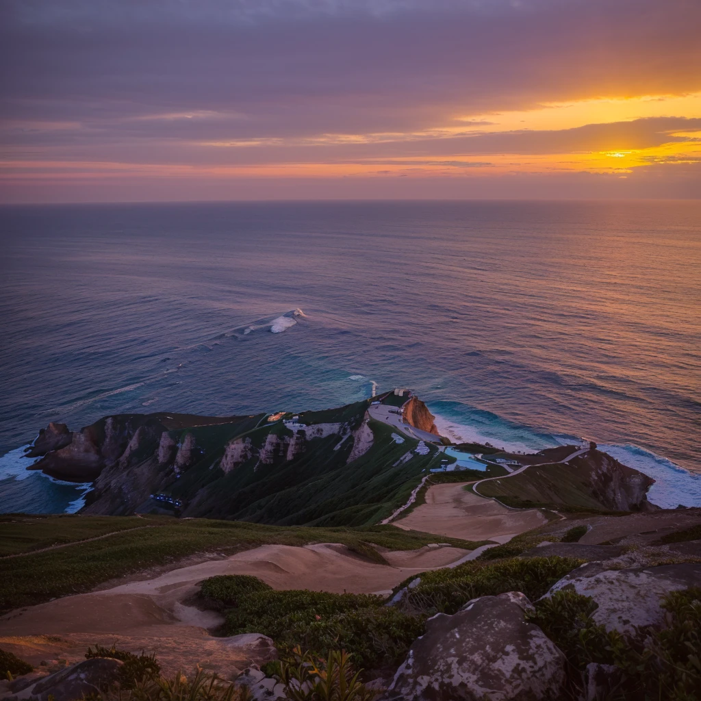 From the mountain you can see the sunset over the sea, Cliff at dusk, Look at the sunset, Sunset, looking at the ocean, Staring at the horizon, Watching the sunset, disappear into the horizon, Sunset view, Shooting during the golden hour, Sunset, Looking to the horizon, Sea view cliff