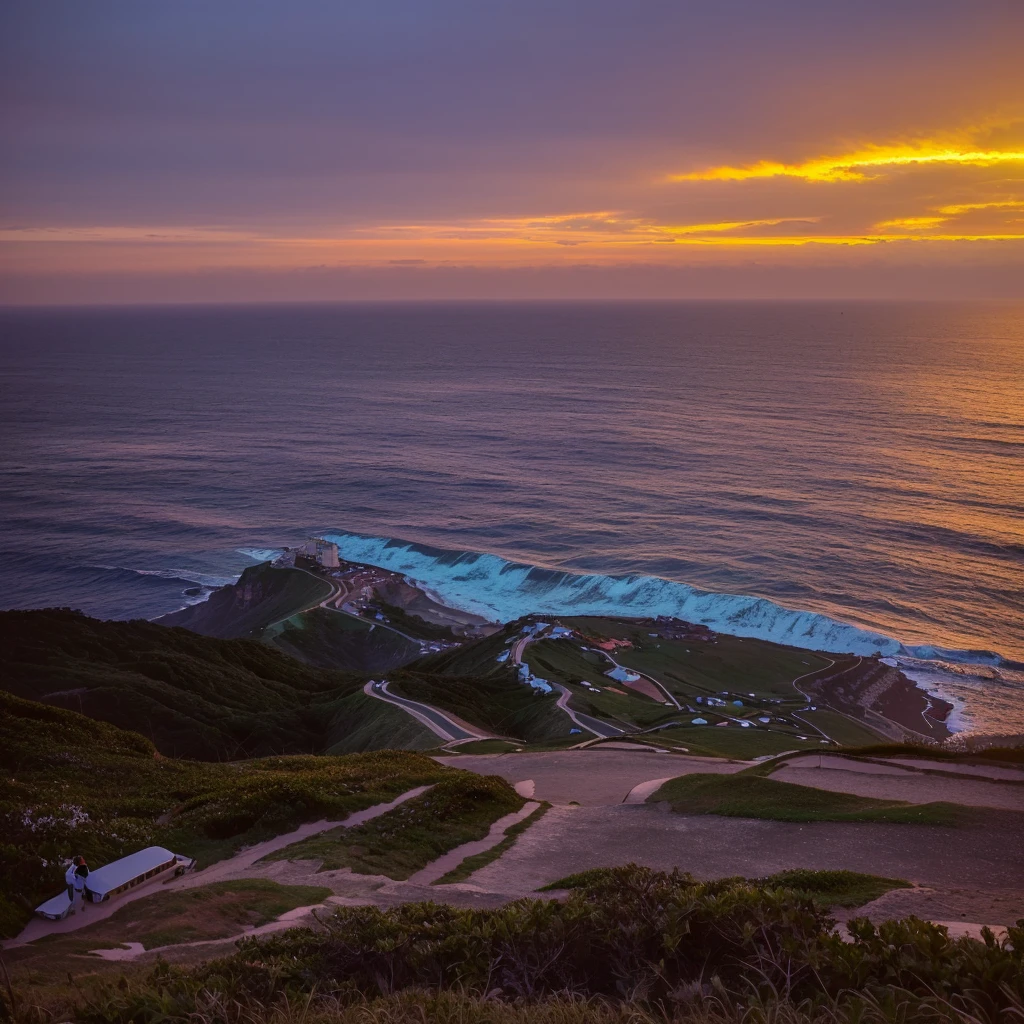From the mountain you can see the sunset over the sea, Cliff at dusk, Look at the sunset, Sunset, looking at the ocean, Staring at the horizon, Watching the sunset, disappear into the horizon, Sunset view, Shooting during the golden hour, Sunset, Looking to the horizon, Sea view cliff