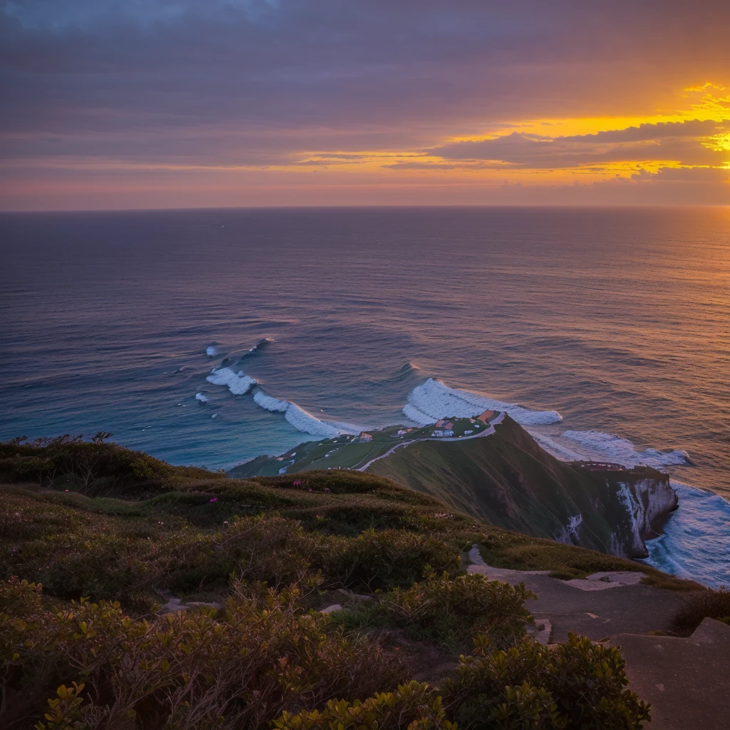 From the mountain you can see the sunset over the sea, Cliff at dusk, Look at the sunset, Sunset, looking at the ocean, Staring at the horizon, Watching the sunset, disappear into the horizon, Sunset view, Shooting during the golden hour, Sunset, Looking to the horizon, Sea view cliff
