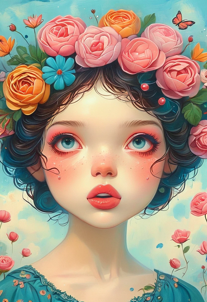 Art Illustration，Dreamlike environment, With delicate eyes and lips, French bubble gum floating around, Inspired by the art of Frida Kahlo, masterpiece, best quality, 8K, high resolution, Extremely detailed, Bright colors, 