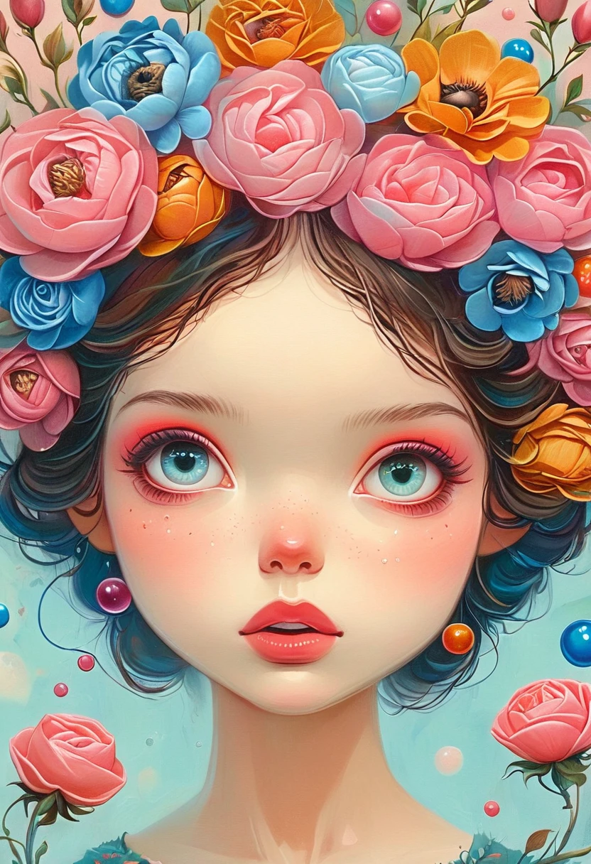 Art Illustration,Dreamlike environment, With delicate eyes and lips, French bubble gum floating around, Inspired by the art of Frida Kahlo, masterpiece, best quality, 8K, high resolution, Extremely detailed, Bright colors,