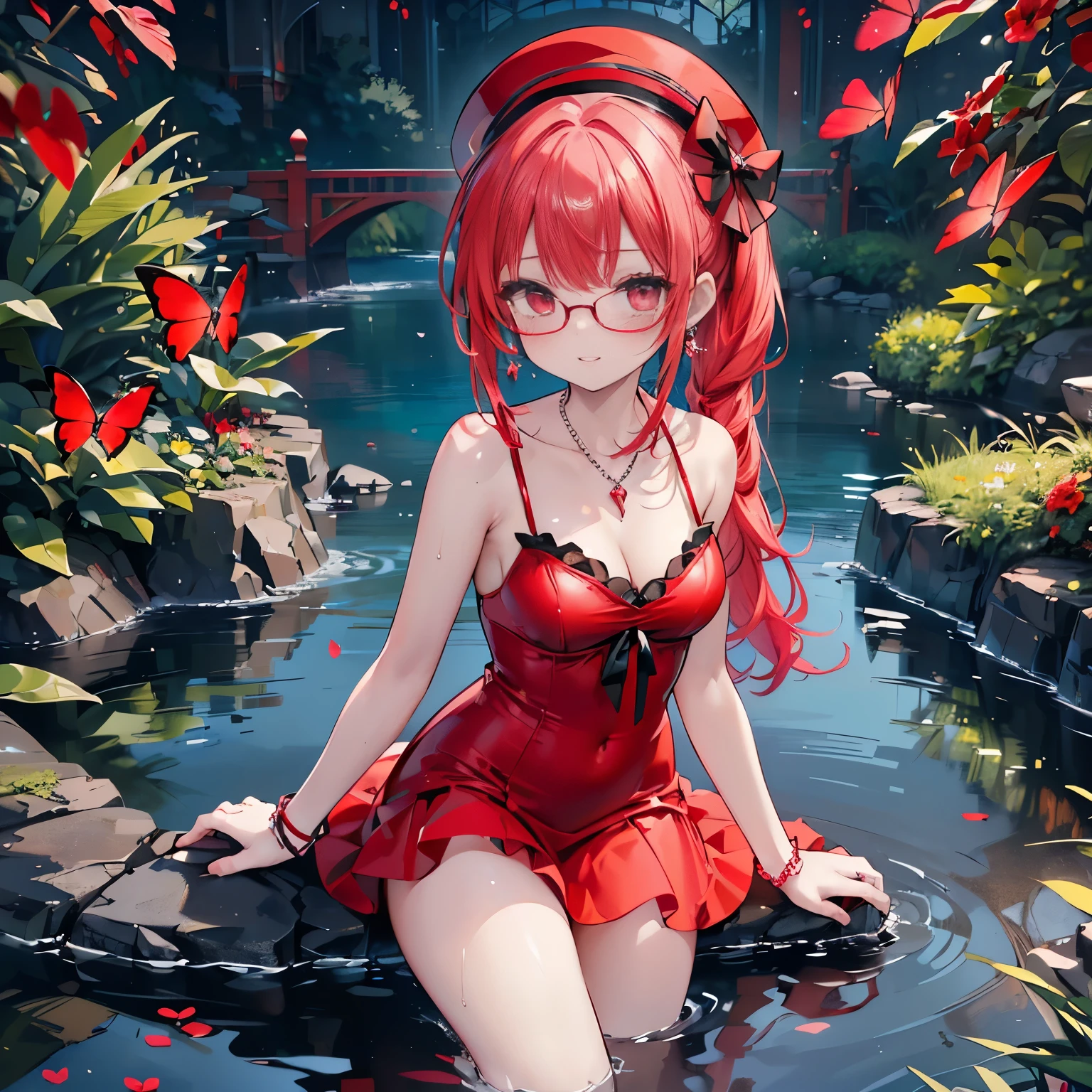 high angle,from above,cleavage,(wearing elegant red frame glasses),
(beautiful pink and green butterflies and dragonflies all over the place),colorful flowers,fantasy beams and lights,
((masterpiece:1.4, best quality)), ((masterpiece, best quality)),((beautiful pony tail red hair,beautiful red eyes,little cute girl)),wet full body, bathing in the water,water falls,water splash,lovely laugh,((sexy red ta gothic mini dress)),elegant red and white hat, ((black and red elegant string tied summer bikini)), (Lace chalker, wristband, diamond necklace,earrings),cinematic lighting and pause,beautiful natural mysterious park,night sky,full moon,(beautiful pink and red butterflies and dragonflies all over the place),