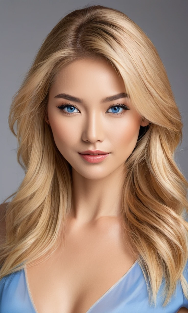 A portrait of a beautiful woman with the following features, shown from the bust up:
- Straight, long bright blonde hair
- Large, expressive blue eyes with natural makeup and emphasized with eyeliner and mascara
- High cheekbones and a well-defined nose, giving a sculpted and exotic appearance
- Healthy, bronze-colored skin
- Wearing a stylish suit
- A cool, composed expression
- Ensure her facial features do not appear Asian