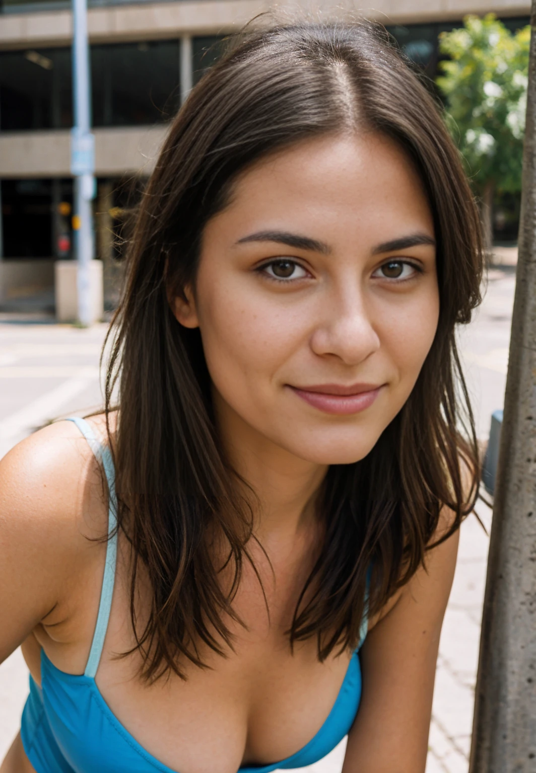Brunette mother, 38 years old. Slob. Standing outside a school. 4k. natural light. Detailed face. Wearing tiny thong and a tight polo. Straight hair. No makeup.
