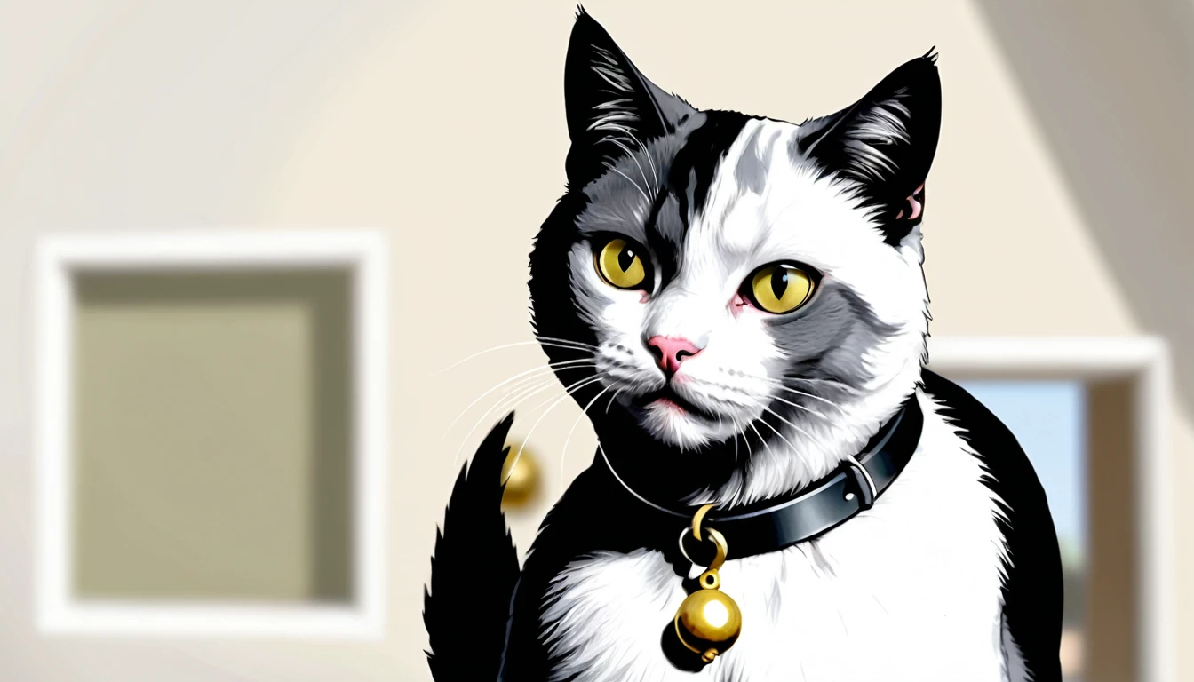 {
"prompt": "A white and gray cat with a gray patch over its left eye and ear, and a white patch over its right eye and ear. The cat has a gray back and wears a collar with a bell. The cat is looking directly at the camera.",
"size": "1024x1024"
}