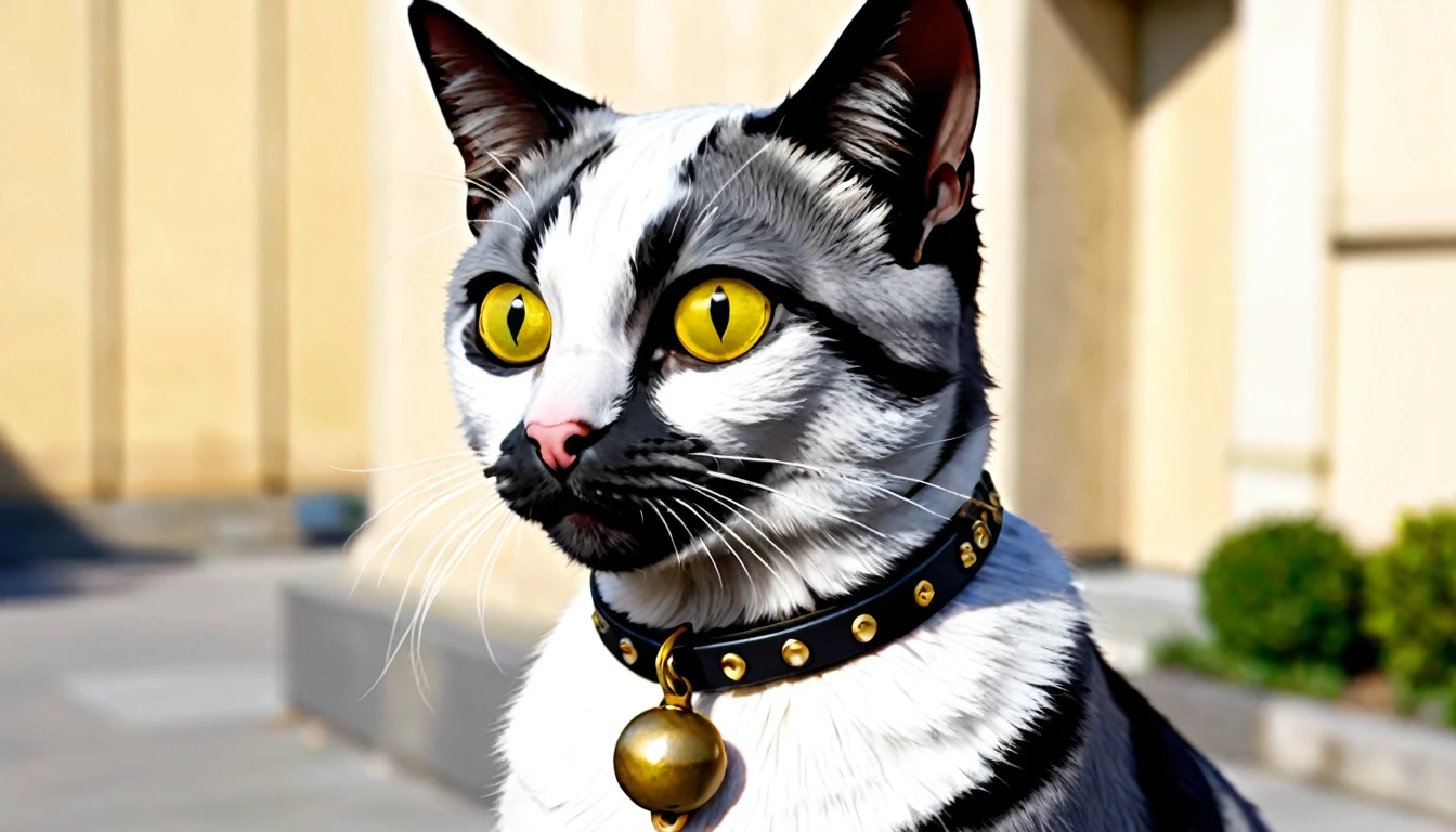 {
  "prompt": "A white and gray cat with a gray patch over its left eye and ear, and a white patch over its right eye and ear. The cat has a gray back and wears a collar with a bell. The cat is looking directly at the camera.",
  "size": "1024x1024"
}