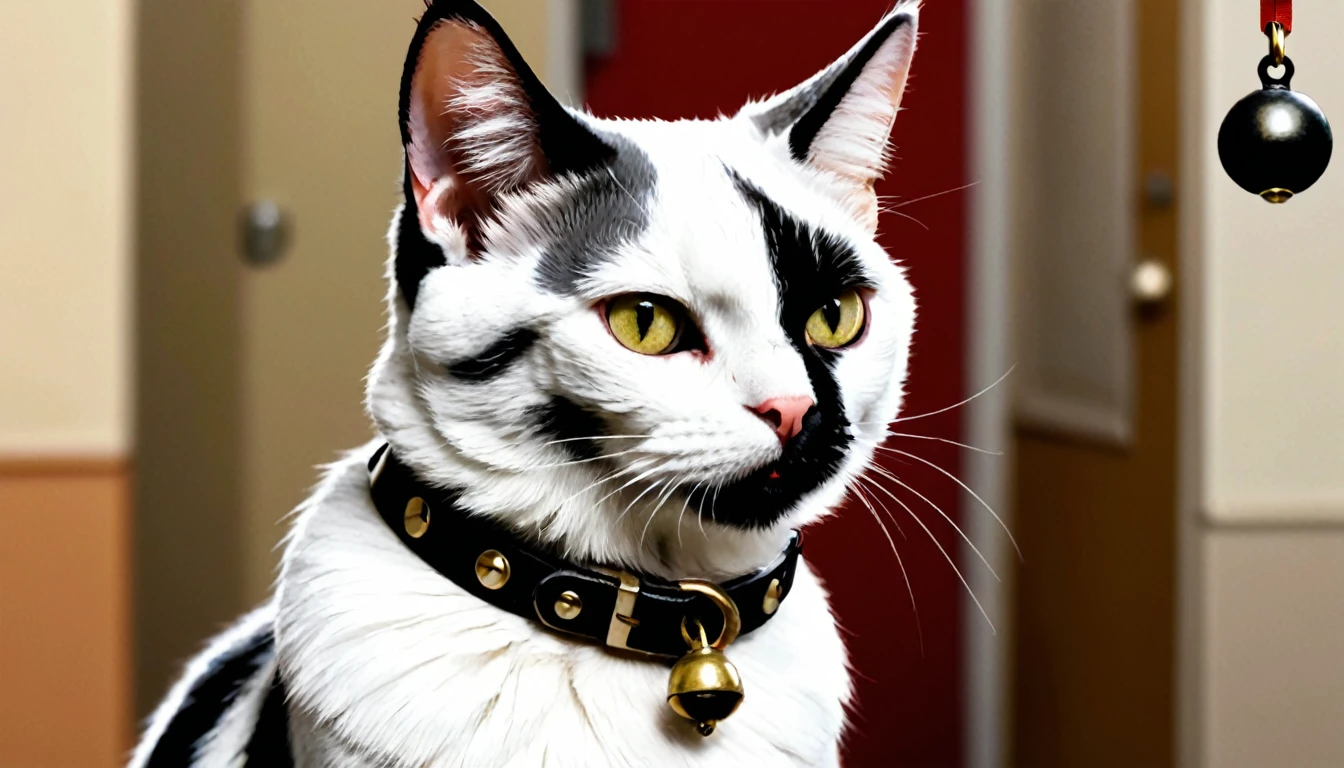 {
  "prompt": "A white and gray cat with a gray patch over its left eye and ear, and a white patch over its right eye and ear. The cat has a gray back and wears a collar with a bell. The cat is looking directly at the camera.",
  "size": "1024x1024"
}