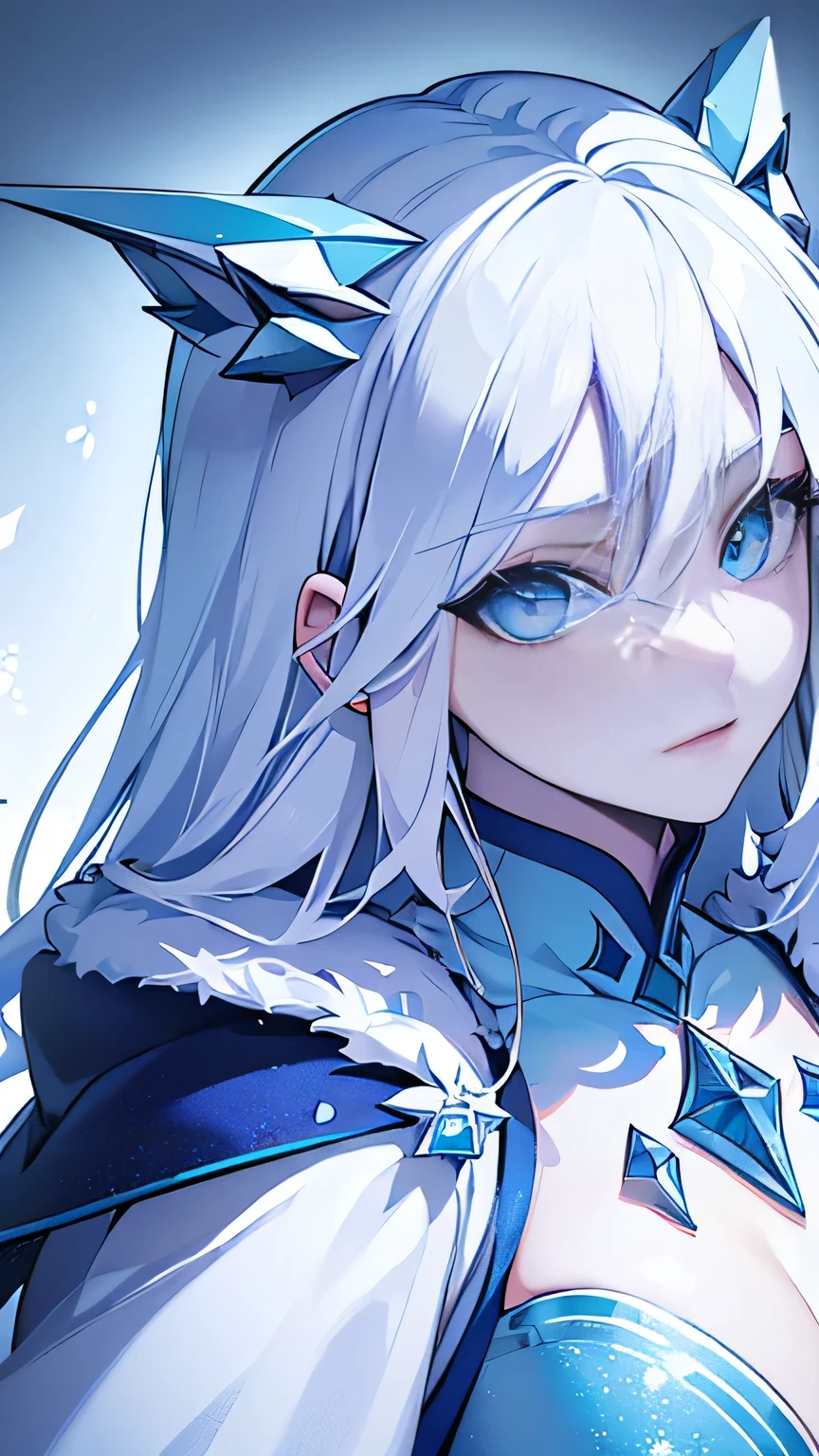 ((best quality)), ((masterpiece)), (detailed), 1girl, best quality, face focus, soft light, detailed face, detailed eyes, ultra high res, Ice queen, snowstorm, diamond dust, cold eyes, freezing air, pale blue dress, white hair, cowboy shot