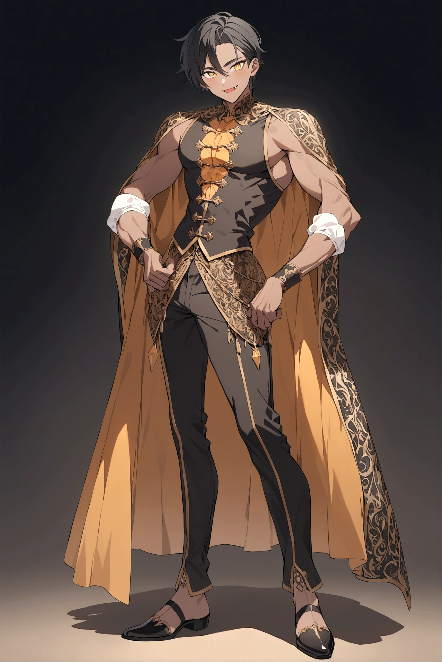 an attractive man with honey-colored eyes, looking 20 years old, BROWN SKIN, canine teeth with prominent fangs, elegantly cut short black hair, slim and tall build with defined muscles, and wearing medieval renaissance gothic clothes (full body image) friendly and flirtatious expression
