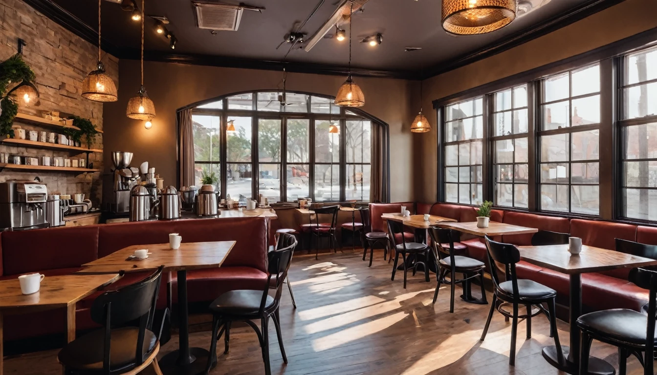 cozy coffee shop interior with tables and coffee cups on them and a big windown in the center