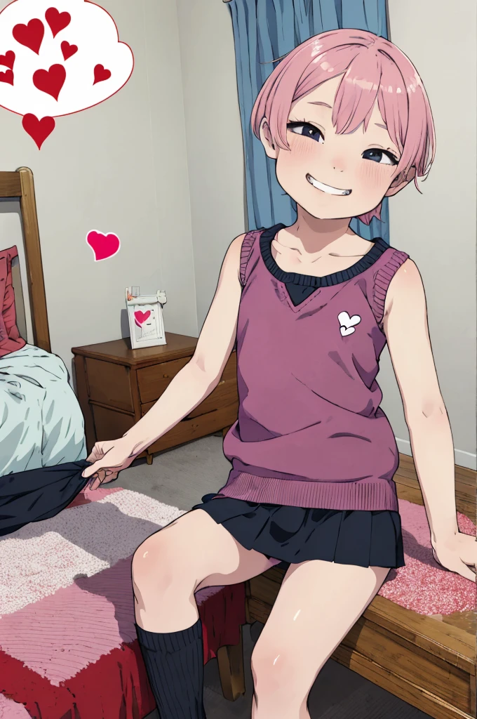 best quality, masterpiece, detailed,2d,flat color, 1girl,10yo,petit,grin,my room,(short miniskirt),sleeveless,socks,sweater,(spoken heart)