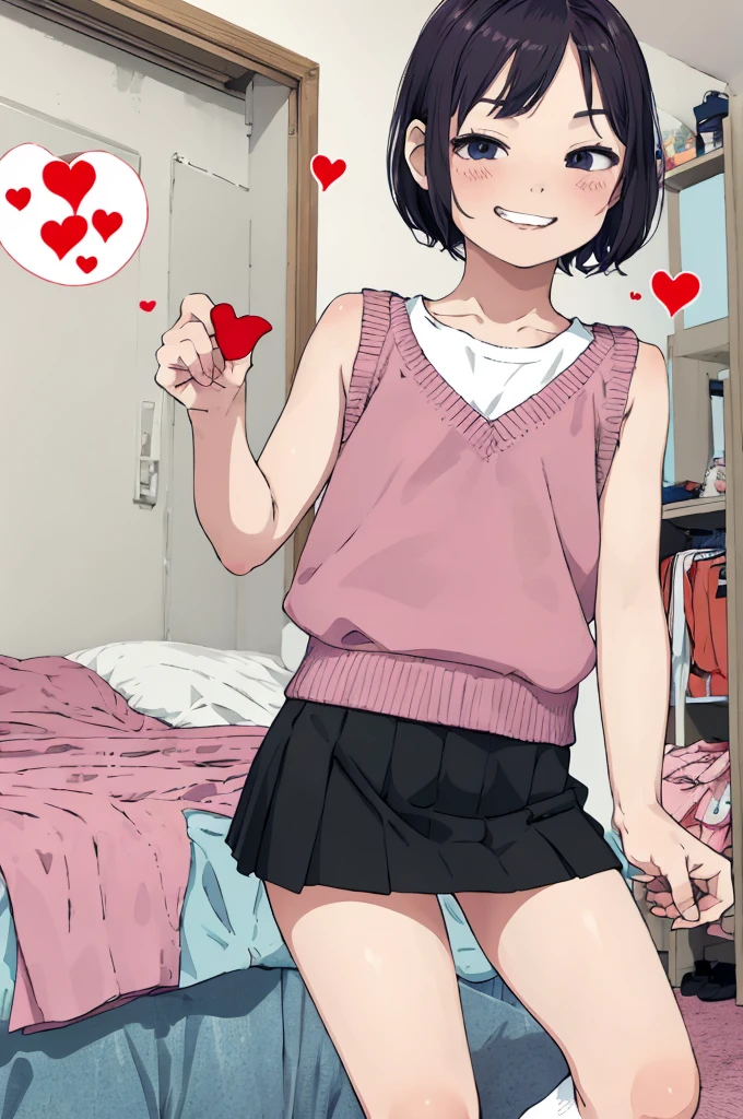 best quality, masterpiece, detailed,2d,flat color, 1girl,,petit,grin,my room,(short miniskirt),sleeveless,socks,sweater,(spoken heart)