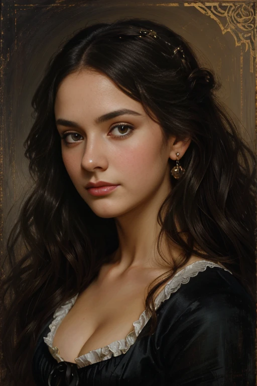 Half body, A pretty woman, long black wavy hair, Brown eyes, dark clothes, Victorian , Works inspired by Friedrich von Amerling, Inspired by Thomas Lawrence, Inspired by Franz Xaver Winterhalter, Nick Alm, oil painting style, realistic woman oil painting, elegant portrait, beautiful portrait of a woman, Inspired by Casey Baugh, elegant digital paintings, Inspired by Howard Chandler Christie, cool beauty, perfect tall model body, best quality, perfect angle, perfect composition, best shot, official art, cinematic light, supreme work of art