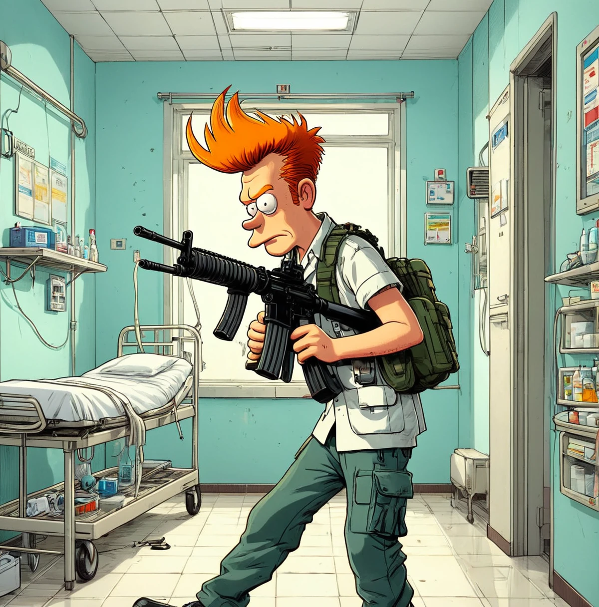 Fry holding M16 Rifle running inside Brazil Hospital Room, Guillaume Singelin Style