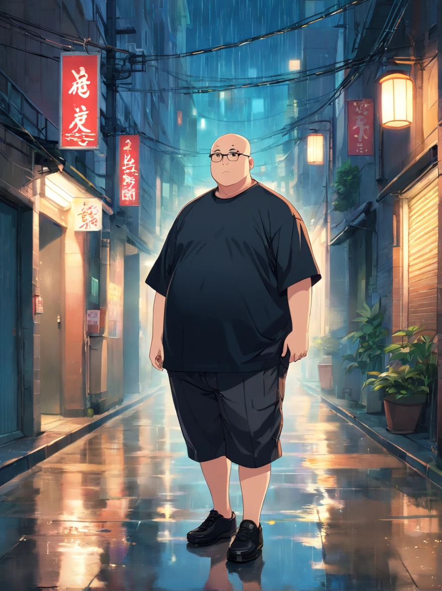 A captivating portrait of fat, obese, bald Indonesian man wearing eyeglasses, an oversized black t-shirt, black pants, and black shoes poses in an alley between buildings on a rainy night. Streetlight and raindrops create a captivating, mysterious, and dramatic atmosphere, highlighting the contrast between shadows and water reflections on the wet road.