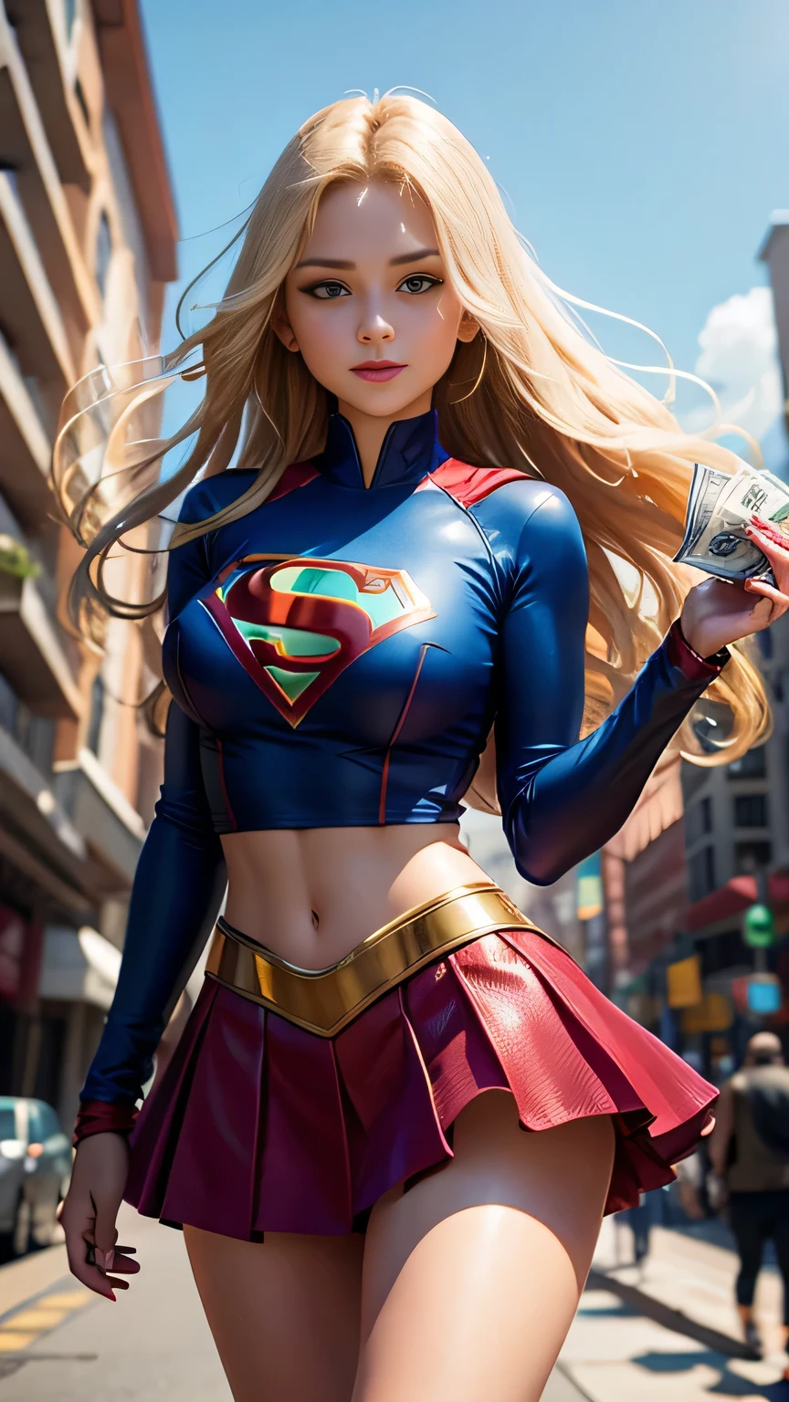 Teen in supergirl costume, wearing mini skirt,excited, happy , holding money by hand , photorealistic, cinematic, dynamic pose, street background, big boob , blond hair, holding money(dollar) by hand and showing it