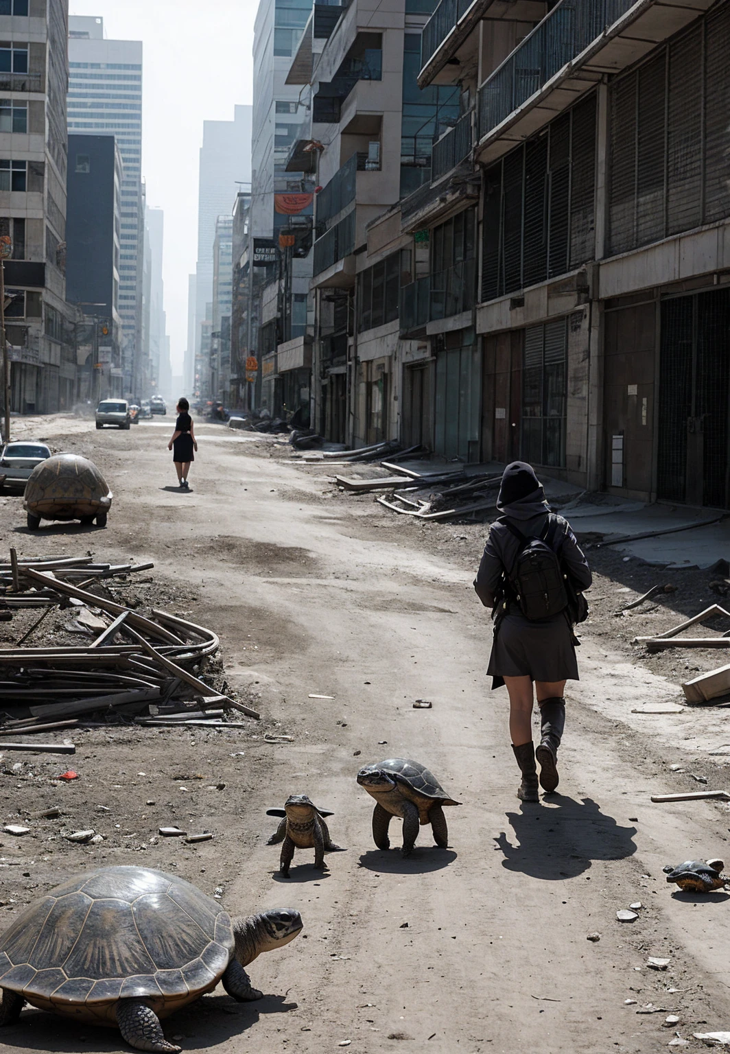 A lady walking two turtles. In a dystopian wasteland.