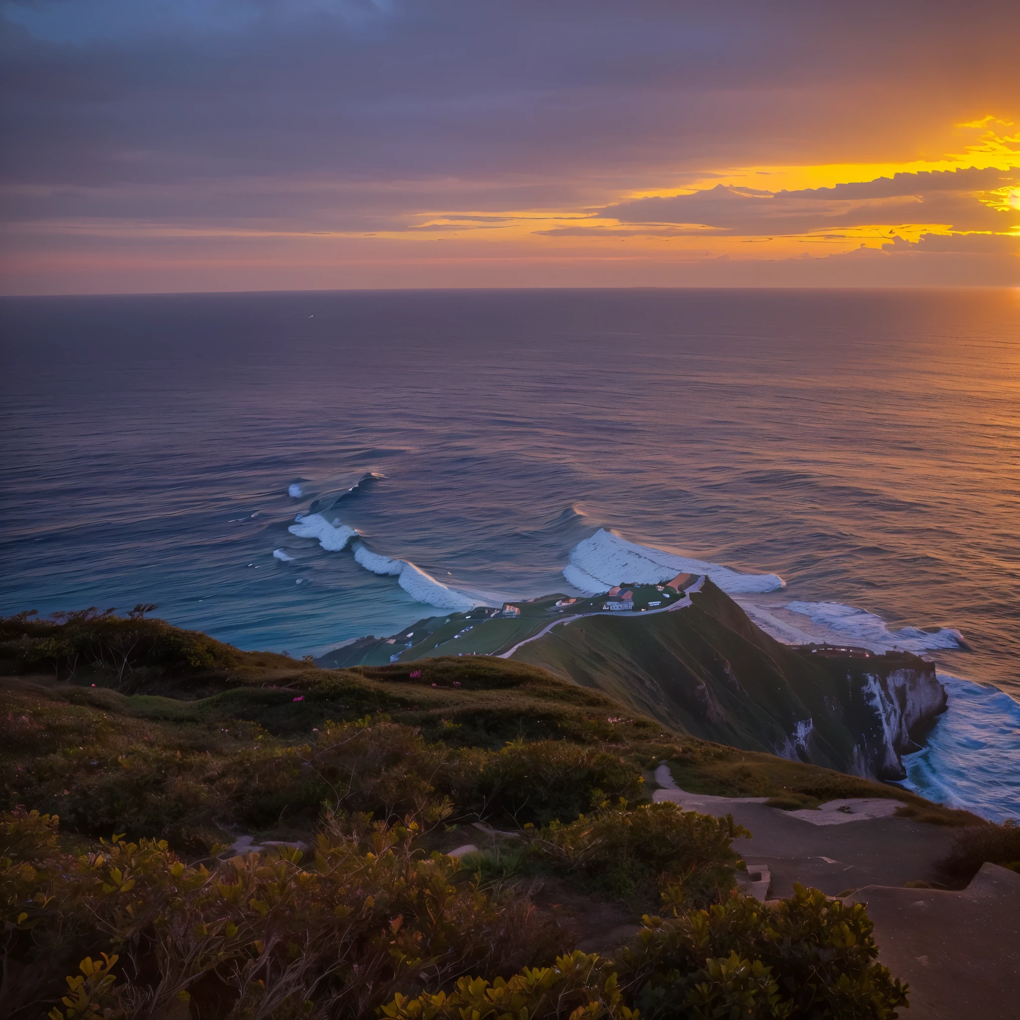 From the mountain you can see the sunset over the sea, Cliff at dusk, Look at the sunset, Sunset, looking at the ocean, Staring at the horizon, Watching the sunset, disappear into the horizon, Sunset view, Shooting during the golden hour, Sunset, Looking to the horizon, Sea view cliff