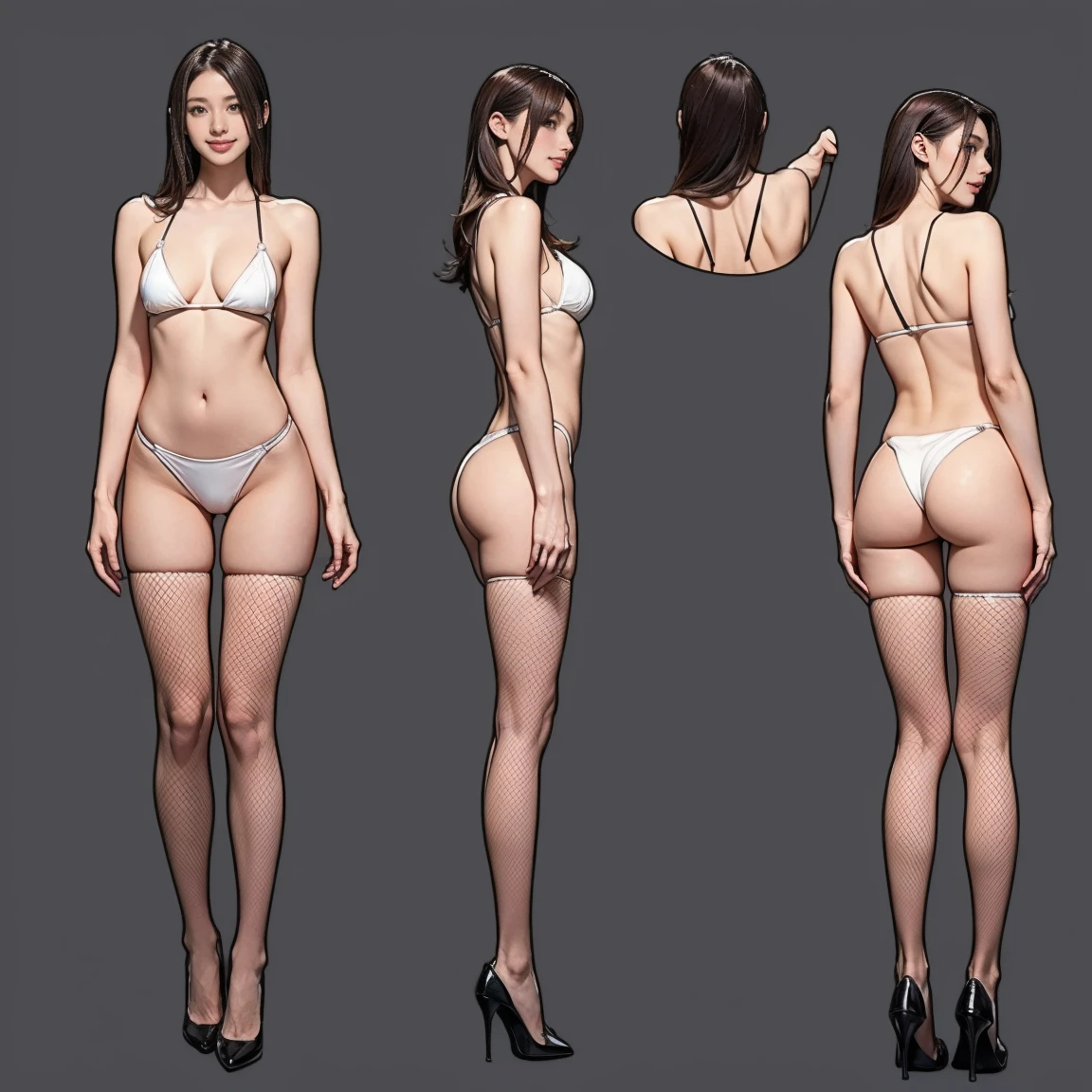 ((masterpiece)),(((Highest quality))),((Character design sheet)),Thin thighs,Long legs,student:1.5，Wearing red fishnet stockings:1.5，The best smile:1.5，Full Body Shot:1.5，Office Background:1.5，Wearing black high heels:1.5，Hair Nude:1.5，Sexy white micro bikini:1.5