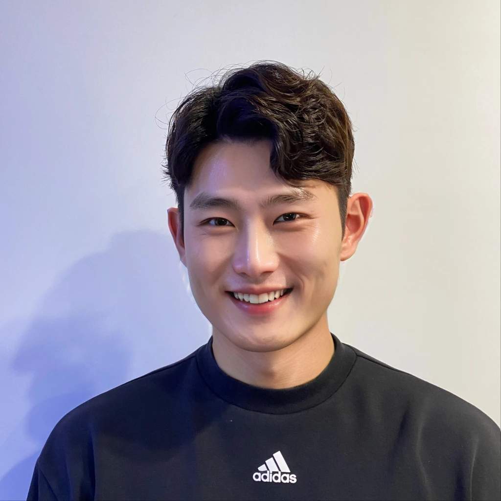 Best Quality, 8k, Masterpiece, (Portrait: 1.3), (photo realistic:1.4), (hyper realistic:1.4), Sharp Focus, looking at viewer, (smoother lighting:1.1), (increase cinematic lighting quality:0.9), realistic lighting, backlighting, light on face, ray trace, (brightening light:1.2), (Increase quality:1.4), sharp detail, (best quality real texture skin:1.4), finely detailed eyes, black_eyes, finely detailed face, 25 year old Korean man,smiling_face