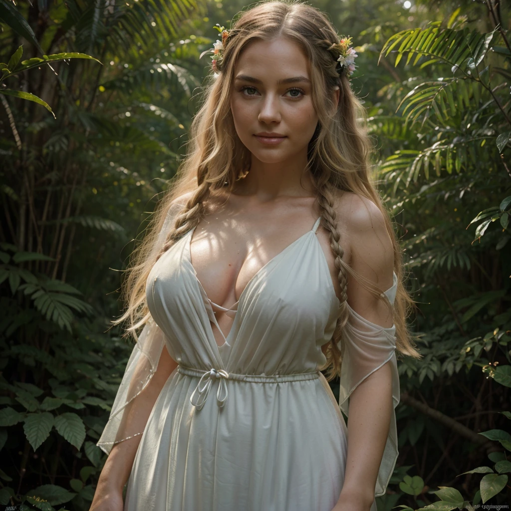 (detailed face, detailed eyes, clear skin, clear eyes), lotr, fantasy, elf princess, full body, large breasts, looking at viewer, sunset light. photography, detailed skin, realistic, photo-realistic, 8k, highly detailed, close up frame, High detail RAW color art, piercing, diffused soft lighting, shallow depth of field, sharp focus, hyperrealism, ((She stands in northwest pacific forest. Very tall vegetation. Tall grass. Colorful flowers)). Dense forest floor vegetation. Ferns, shrubs, tall grass. She is wearing an elegant white sheer elf dress. Misty background. Long blond braided hair. smile. happy. Blue eyes.