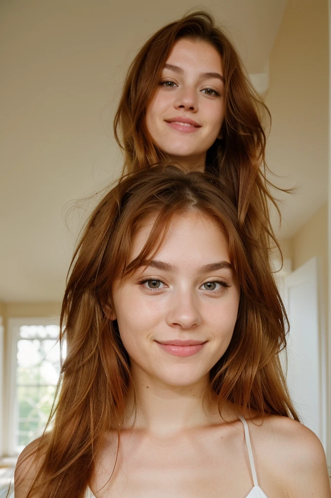 Create a picture of a twenty-year-old girl. ((Have a natural and attractive face)) (Her hair should be blonde with brown stems) (Long hair) (Her eyes are a natural light color) A charming smile on her lips and in a beautiful house with a light background. His face lit up. The girl should not look at the camera. Her image should be fully displayed (girl with light makeup) without retouching and effects. Red hair