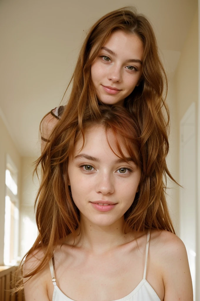 Create a picture of a twenty-year-old girl. ((Have a natural and attractive face)) (Her hair should be blonde with brown stems) (Long hair) (Her eyes are a natural light color) A charming smile on her lips and in a beautiful house with a light background. His face lit up. The girl should not look at the camera. Her image should be fully displayed (girl with light makeup) without retouching and effects. Red hair