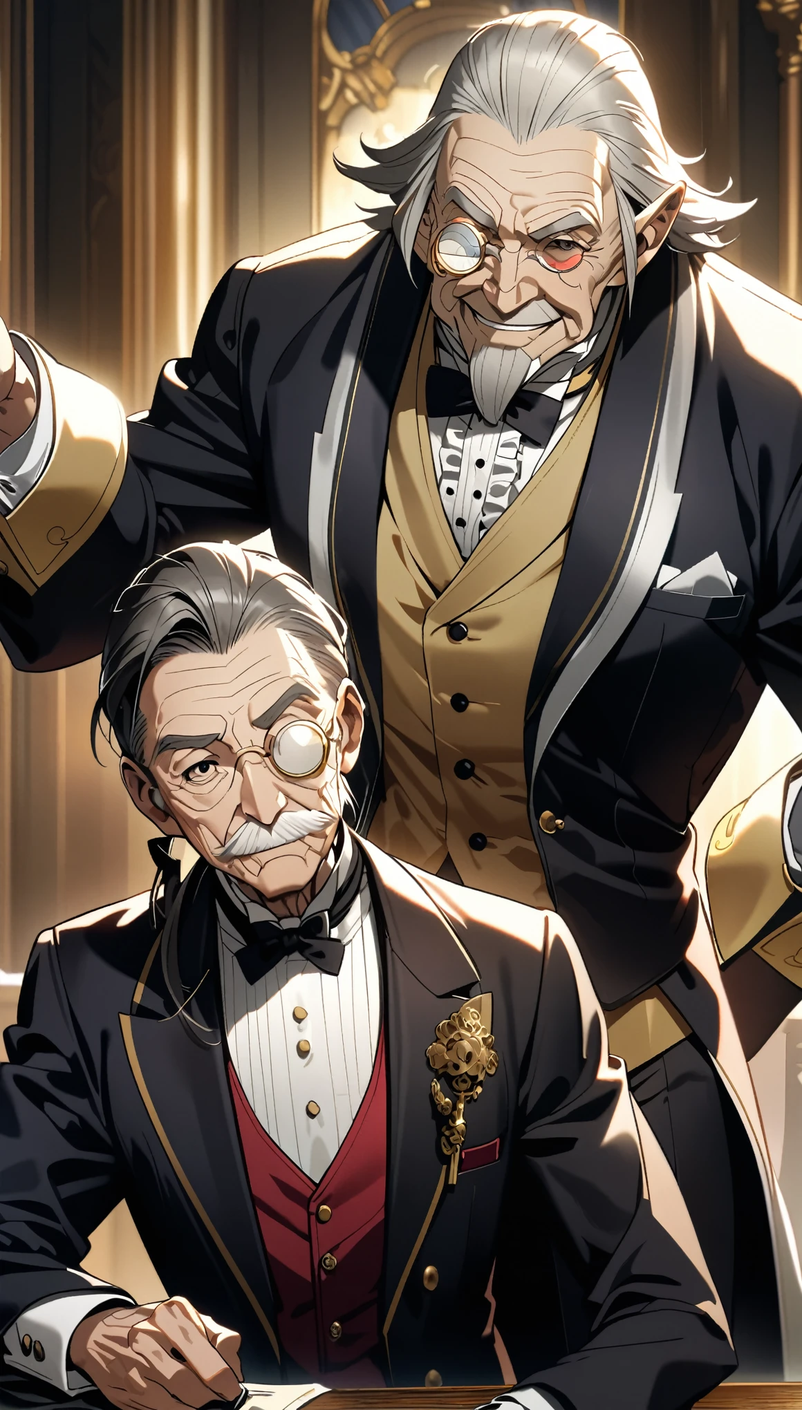 ((A butler with a kind face and a monocle:1.2, Old Man)), Detailed face and clothing, Deacon's uniform, Elegant and sophisticated, Detailed facial features, Beautiful Eyes, Intense gaze, Serious expression, Dramatic lighting, Cinematic composition, Bright colors, Chiaroscuro, (Highest quality:1.2, 4K, 8K, Very detailed, up to date, Vibrant, High detail, masterpiece:1.2, Highest quality, Best aesthetics),