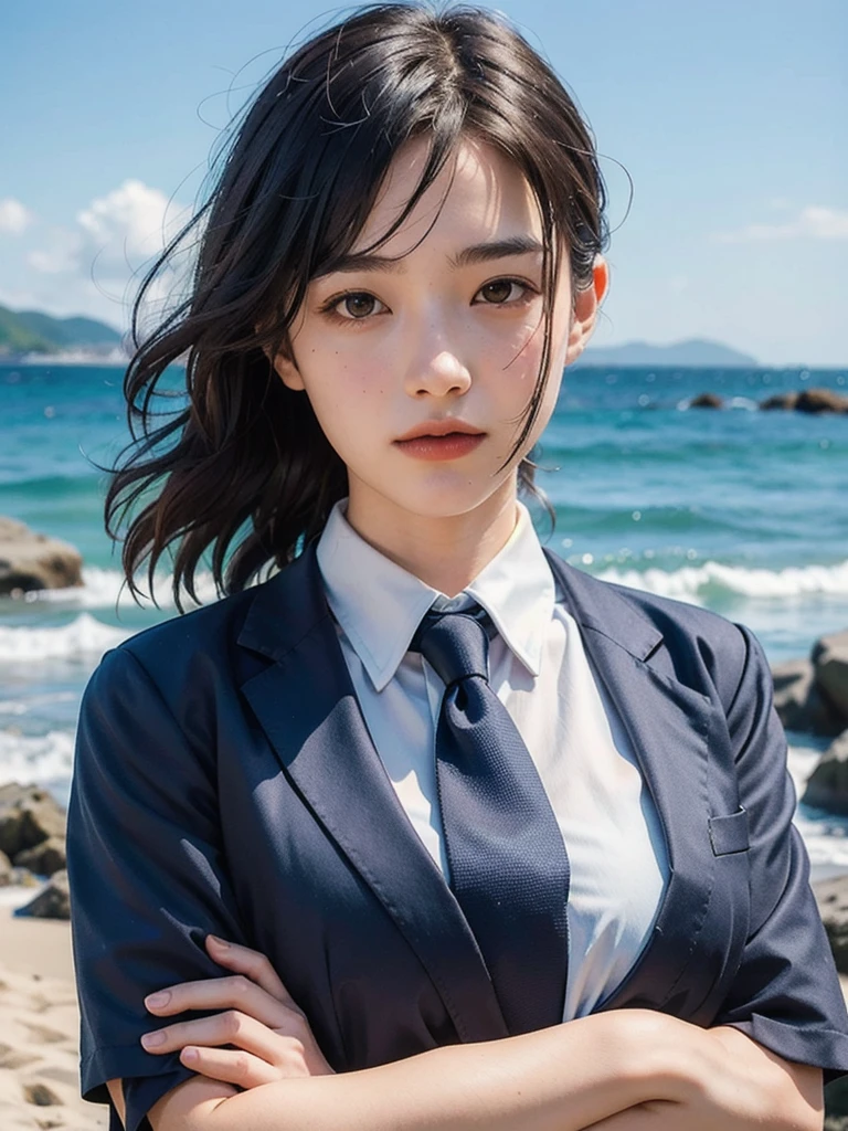 Highest quality, masterpiece, Ultra-high resolution, (Realistic:1.4), RAW Photos, One girl, Short Bob, high school girl, JK Uniform, JK Suit, shirt, tie, (Portraiture:1.2), Beach Background, Realistic photos, Fuji Negative Film, Low saturation, Low contrast, Fuji ftx5