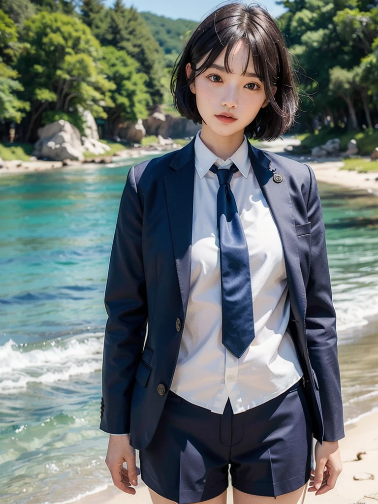 Highest quality, masterpiece, Ultra-high resolution, (Realistic:1.4), RAW Photos, One girl, Short Bob, high school girl, JK Uniform, JK Suit, shirt, tie, (Portraiture:1.2), Beach Background, Realistic photos, Fuji Negative Film, Low saturation, Low contrast, Fuji ftx5 