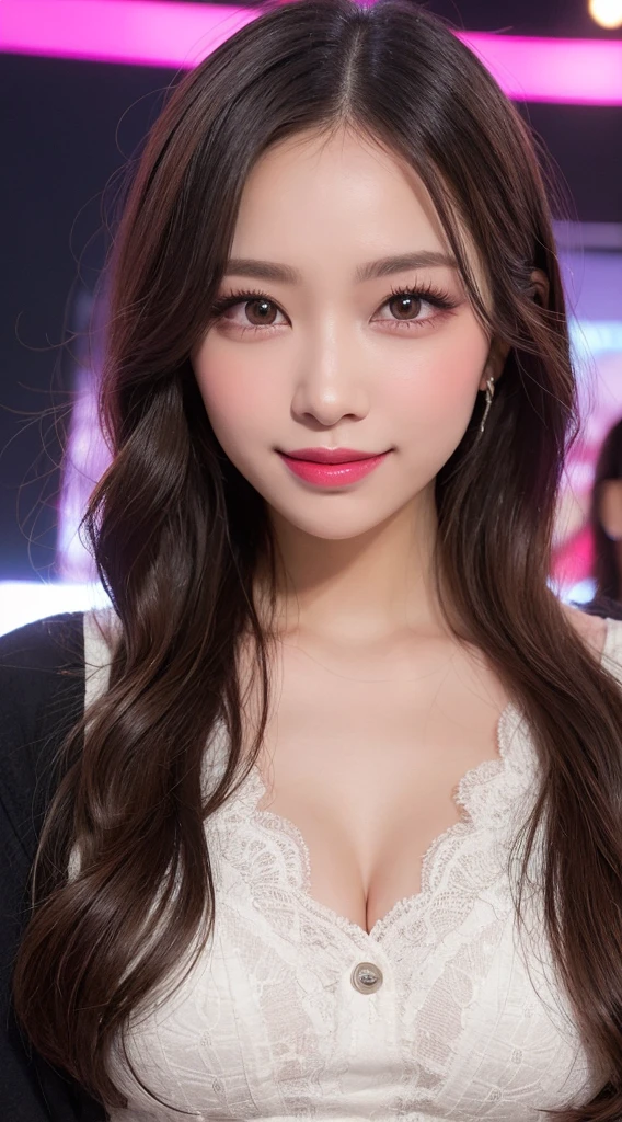 Highest quality, figure, Super detailed, In detail, High resolution, 32k wallpapers, Perfect dynamic composition, Beautiful attention to detail, Random top model dresses,Long Curly Hair, Center of chest,Big beautiful cat-like eyes, Cute Button Nose, Small and fairly full lips, Thick eyebrows and long, beautiful eyelashes. Transparent throughout makeup, Paint your cheeks pink,Dark eyeliner,Lip gloss makes it sparkle. Random sexy poses,smile,white and clean teeth,(full body shot),Influencer,Randomly placed spots(on stage)